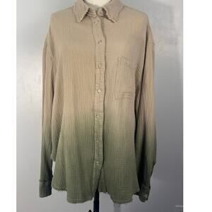 La Meil Ombre Gauze Button Down Shirt Beige Green Raw Hem Coastal Cottagecore M